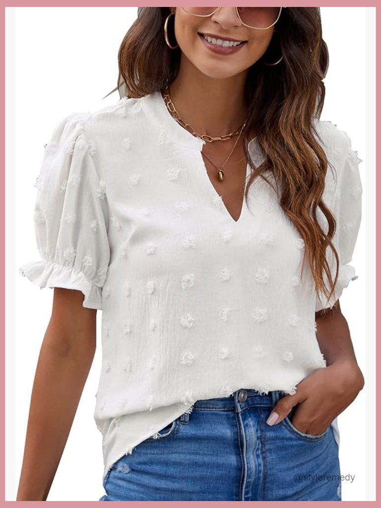 Dressy Casual Puff Sleeve Swiss Dot V Neck Blouse Top